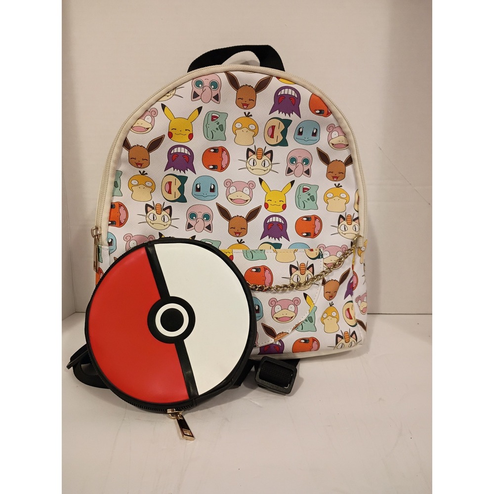 Pokemon Mini Backpack with Poke Ball Coin Purse Pikachu Eevee White All Over.